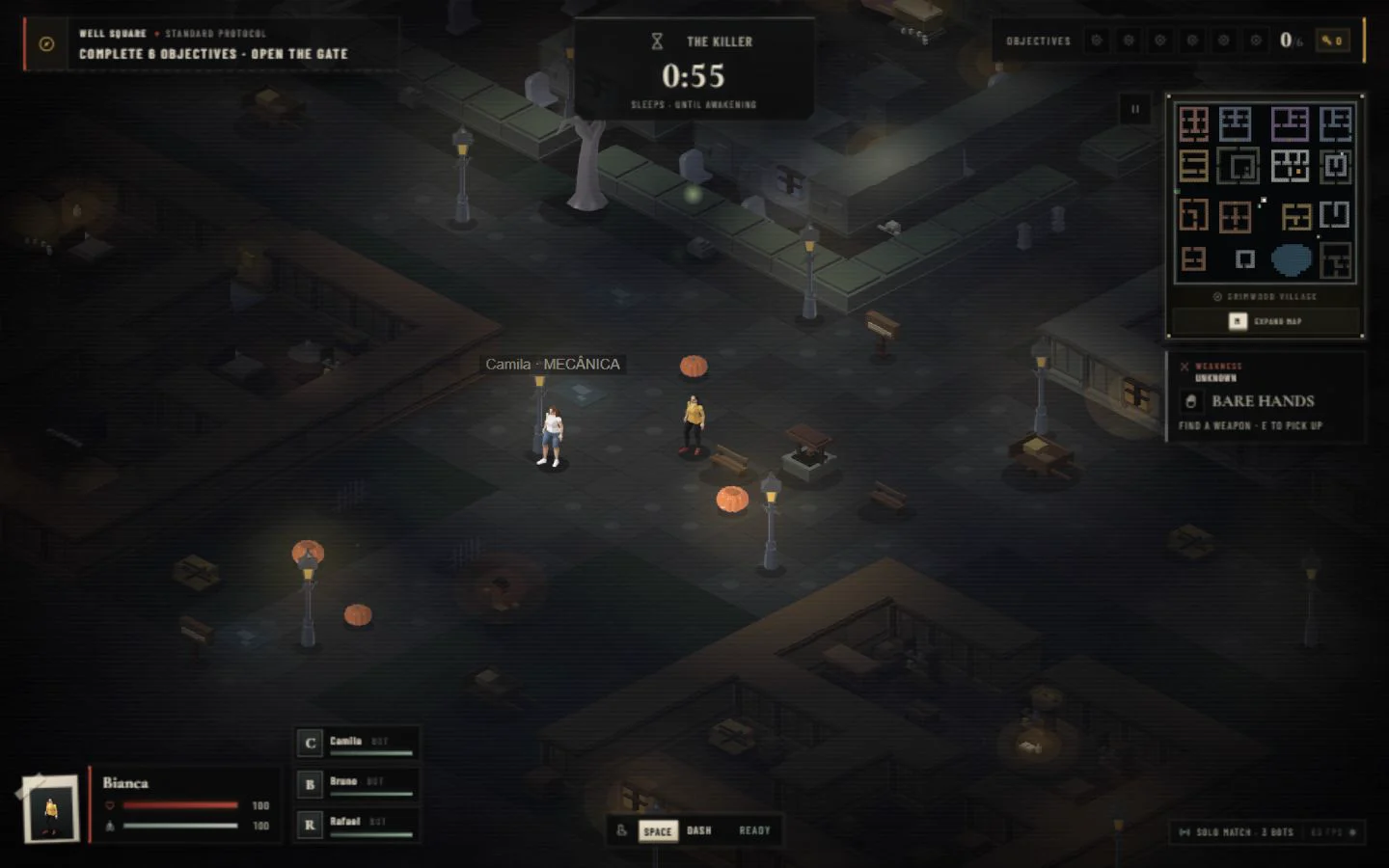 Partida real de Horror Intense: sobreviventes na vila isométrica, com objetivos, minimapa e barras de vida